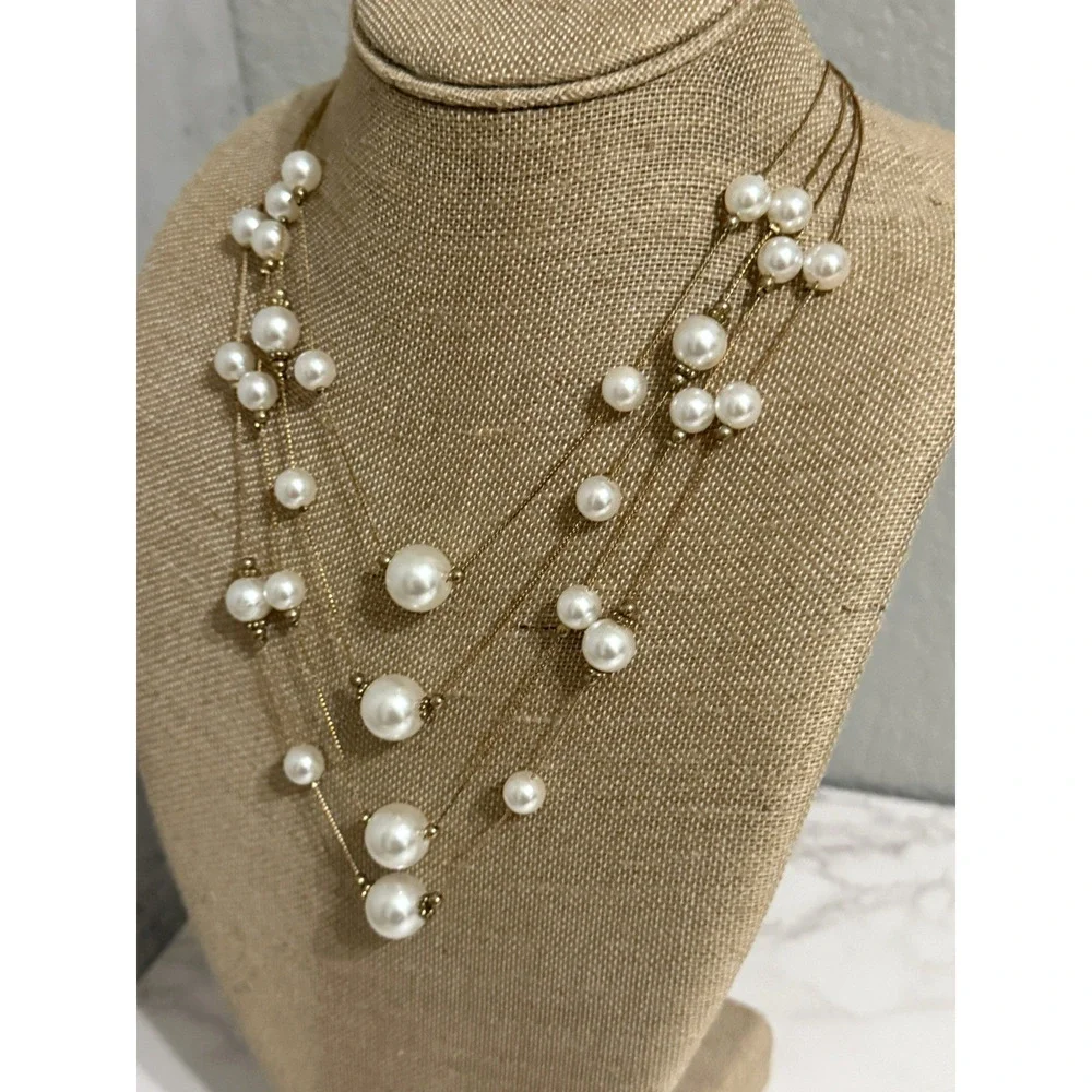 Vintage Gold Tone Faux Pearl Layered Necklace Beauty Necklace Adjustable Chain